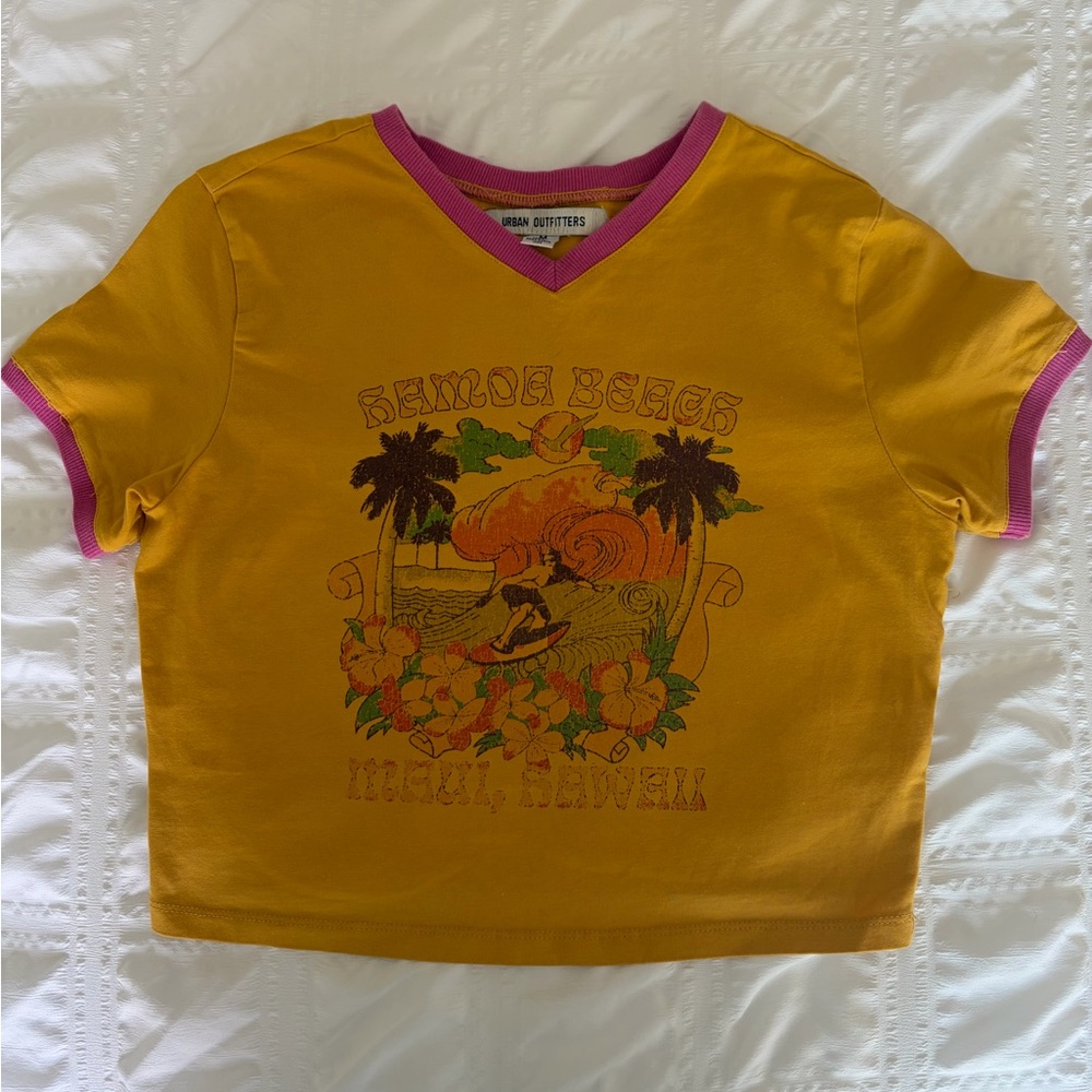 Urban Outfitters Yellow Tee with Pink Trim and Surf Graphic